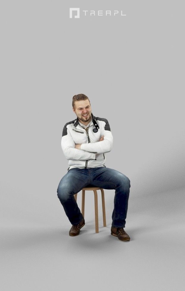 Keen Casual Sitting Man In Jacket And Jeans Arms Crossed Low-poly 3D model_1