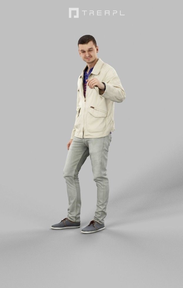 Lucky Casual Man In Cream White Jacket Holding Partner Low-poly 3D model_6