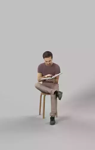 Flow A Sitting Young Student Man Reading A Book In A Library Low-poly 3D model