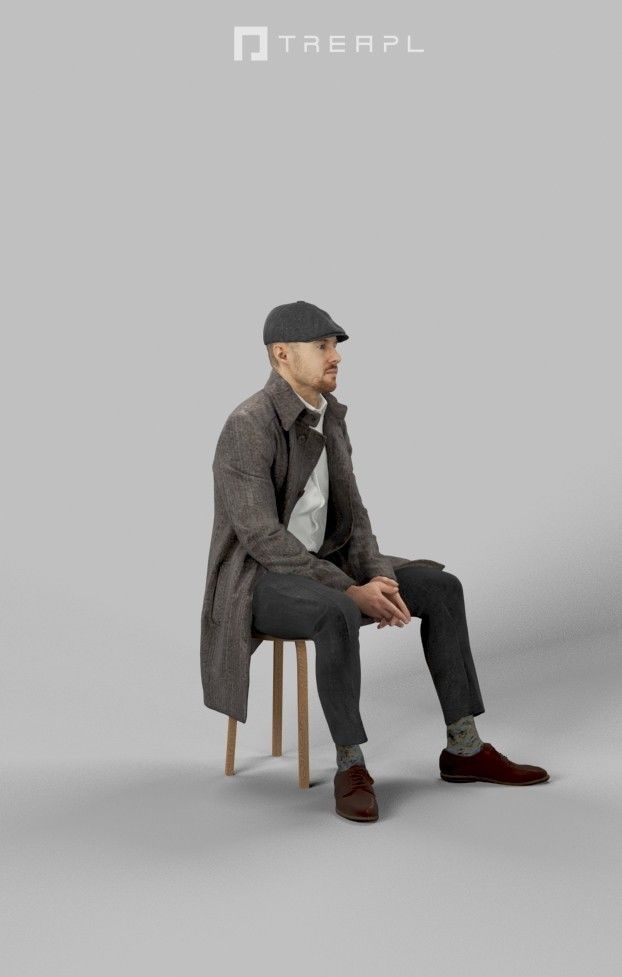 Master A Sitting Man In A Winter Coat And A Newsboy Tweed Cap Low-poly 3D model_2