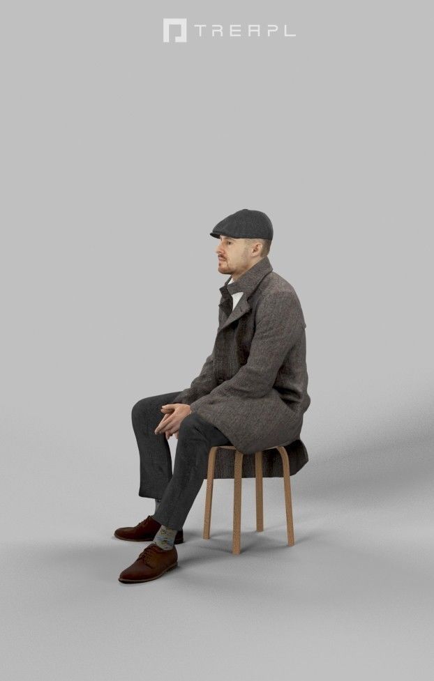 Master A Sitting Man In A Winter Coat And A Newsboy Tweed Cap Low-poly 3D model_6