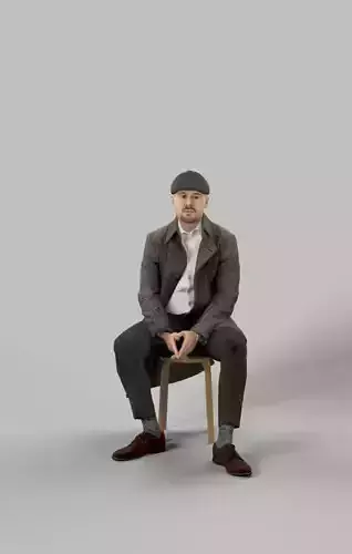 Master A Sitting Man In A Winter Coat And A Newsboy Tweed Cap Low-poly 3D model