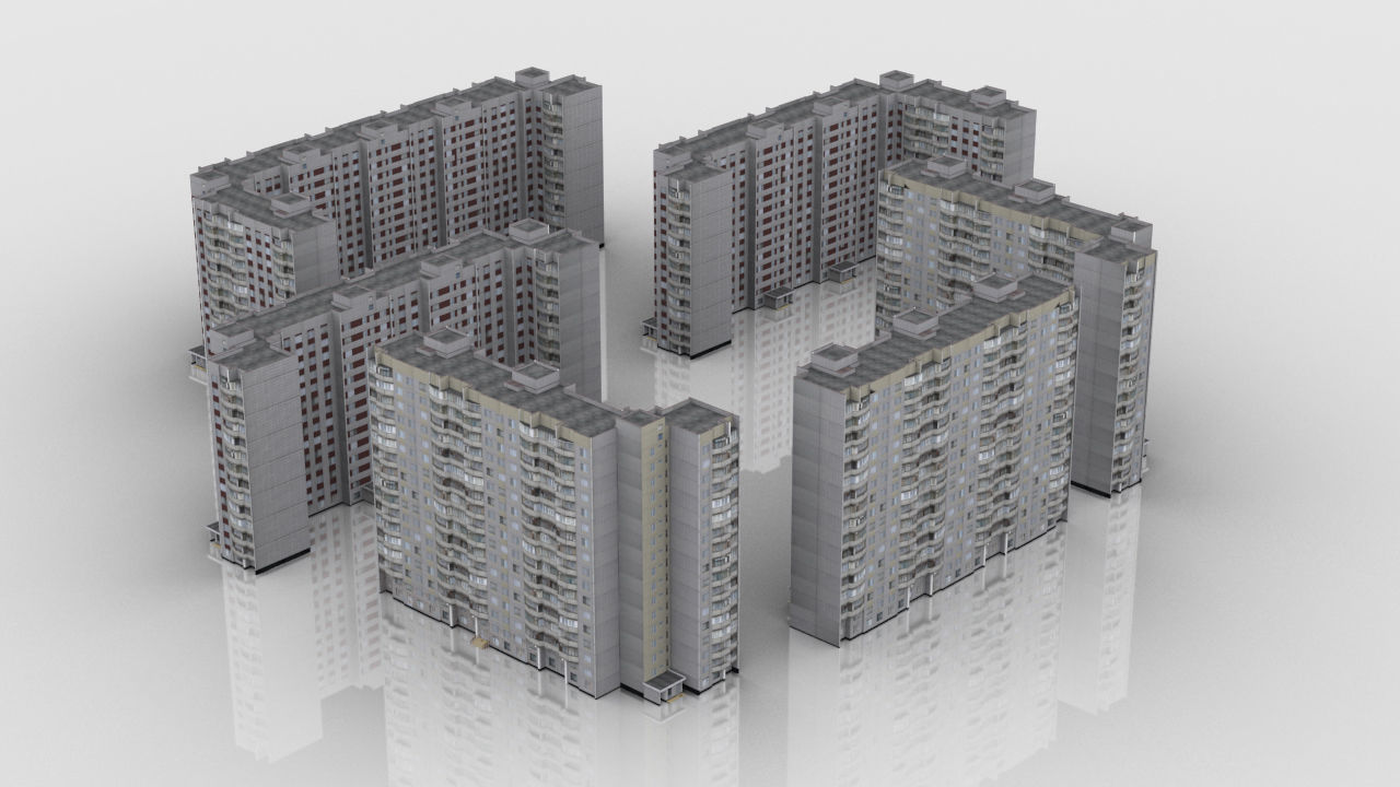 Pack of 6 Russian Panel Apartment Houses Low-poly 3D model_8