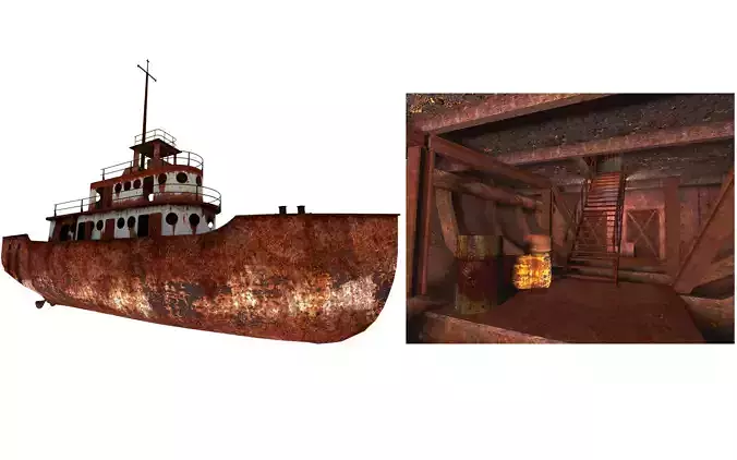 Old Abandoned Rusted Ship with Interior Low-poly 3D model