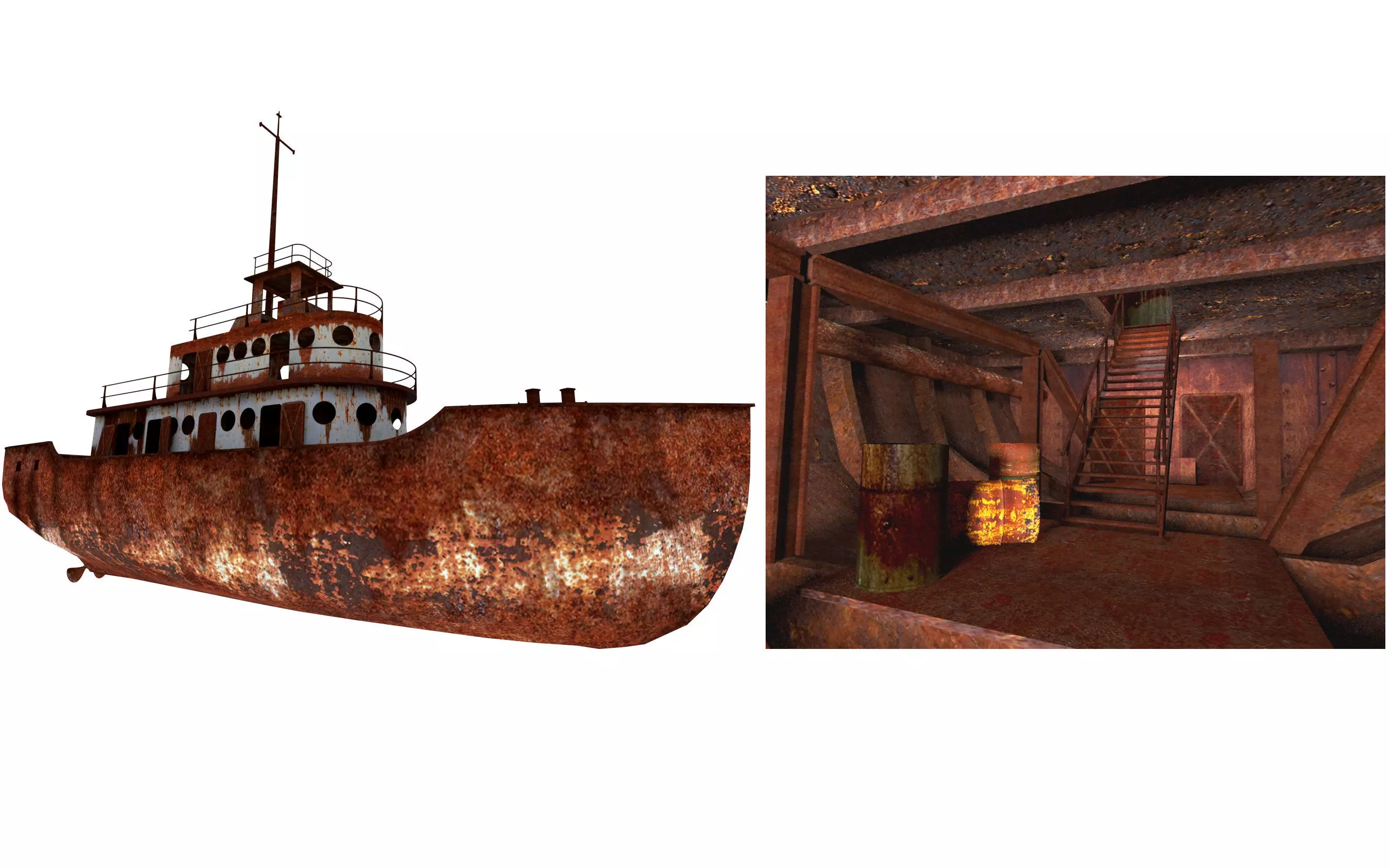 Old Abandoned Rusted Ship with Interior Low-poly 3D model_0