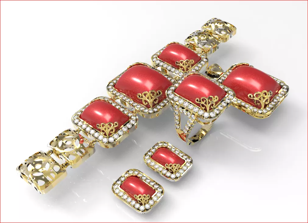 jewelry coral set with gold and diamonds Free 3D model