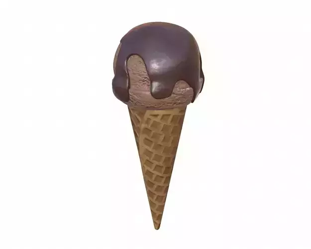 Ice cream ball with chocolate on top in waffle cone 3D model