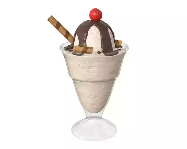 Ice cream with chocolate and cherry in glass dish 3D model