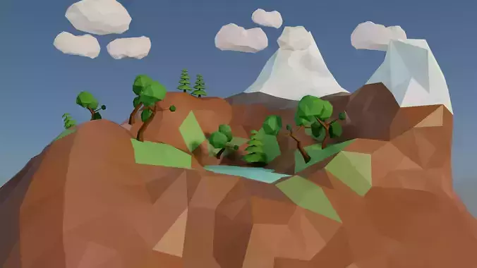 low poly island with trees and lake Low-poly 3D model