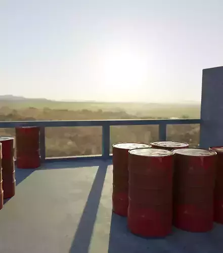 Barrol barrels on roof of building