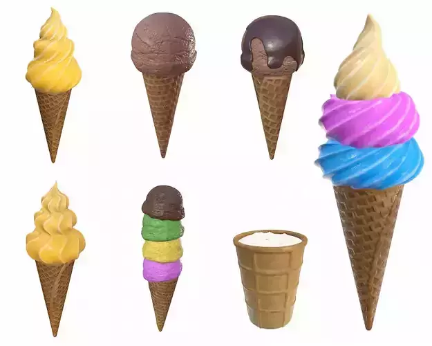 Ice cream in waffle cone and cup 3D Model Collection