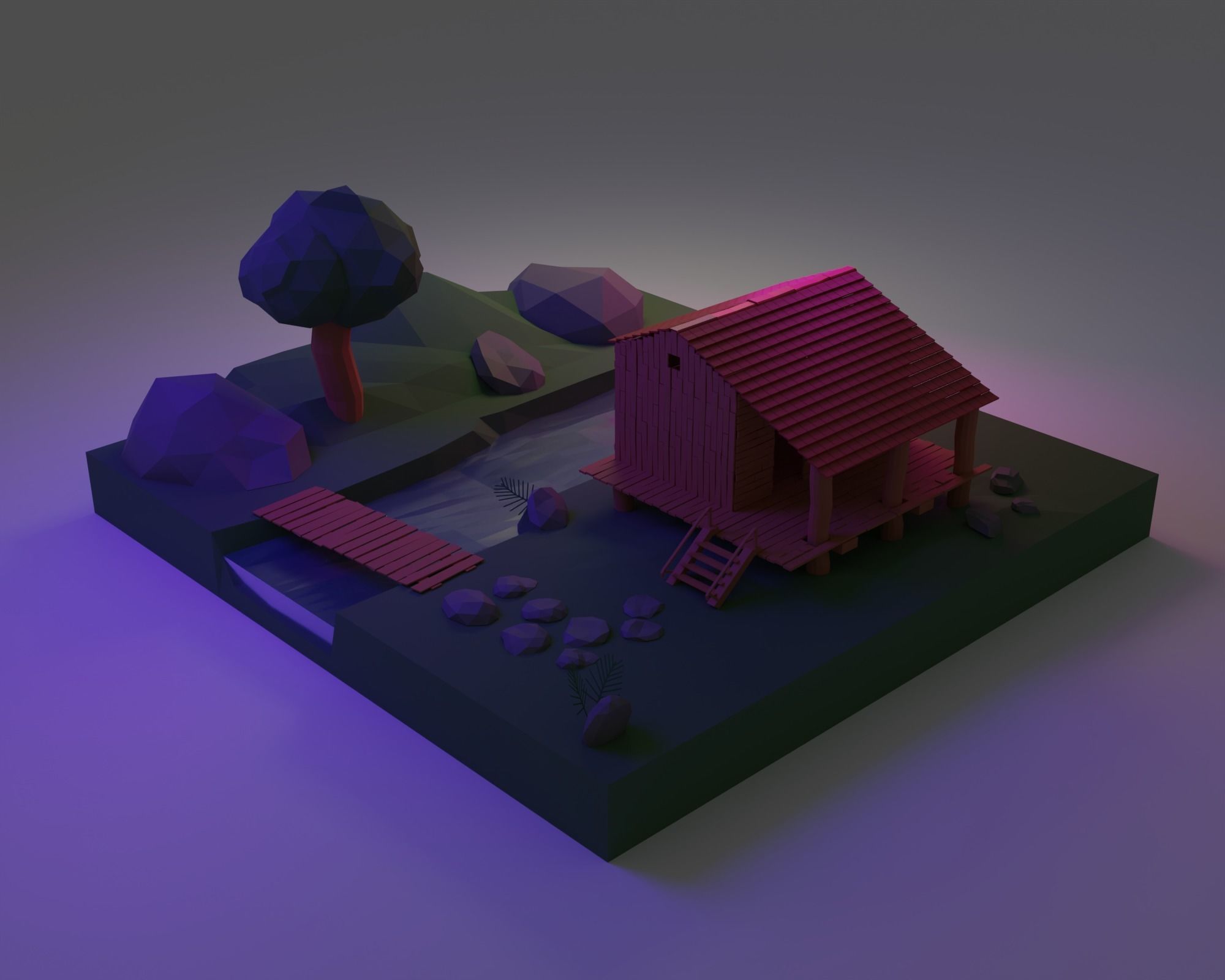low poly house wooden in middle of field Low-poly 3D model_1