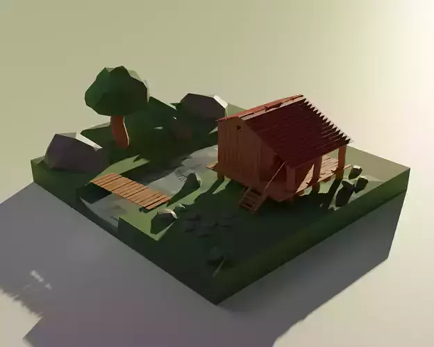 low poly house wooden in middle of field Low-poly 3D model