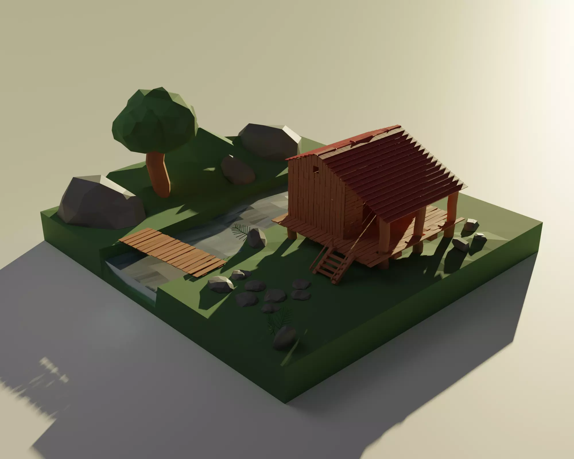 low poly house wooden in middle of field Low-poly 3D model_0
