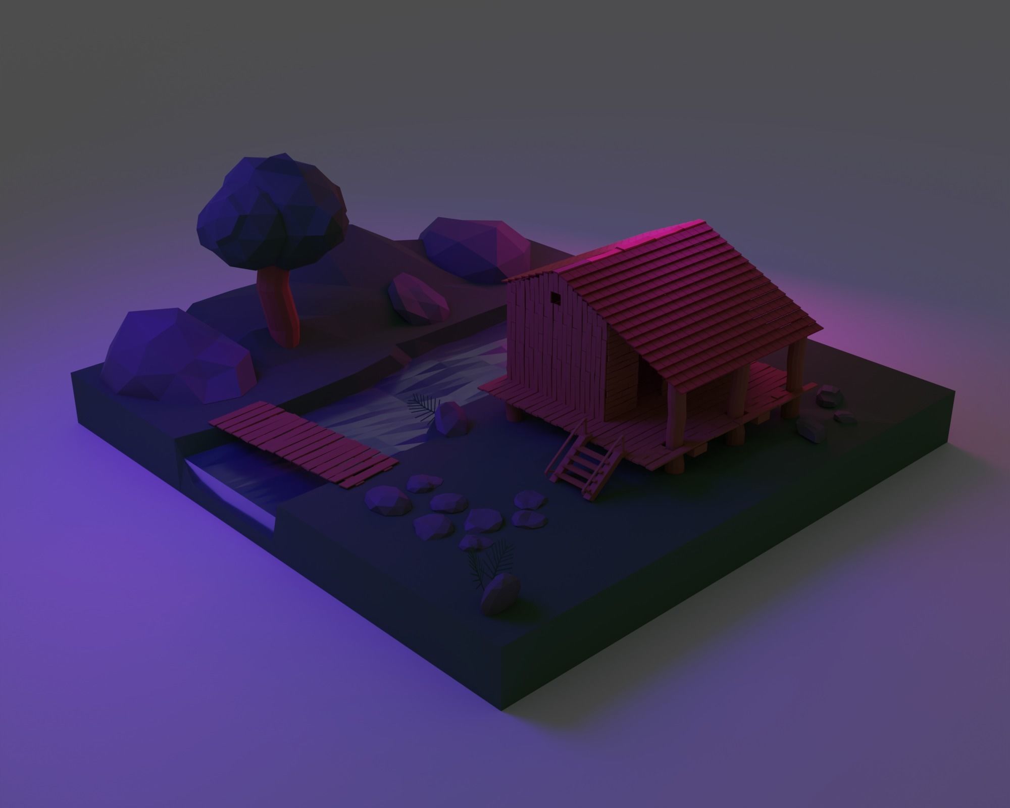 low poly house wooden in middle of field Low-poly 3D model_2