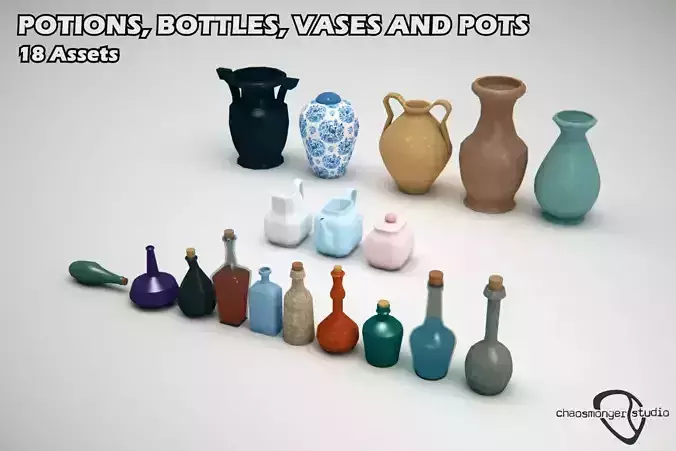 Potions Bottles and Vases Bundle Low-poly 3D model