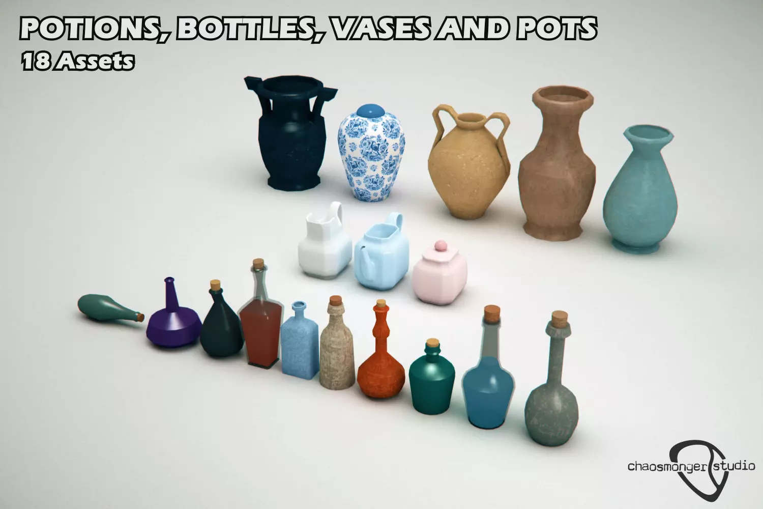 Potions Bottles and Vases Bundle Low-poly 3D model_0