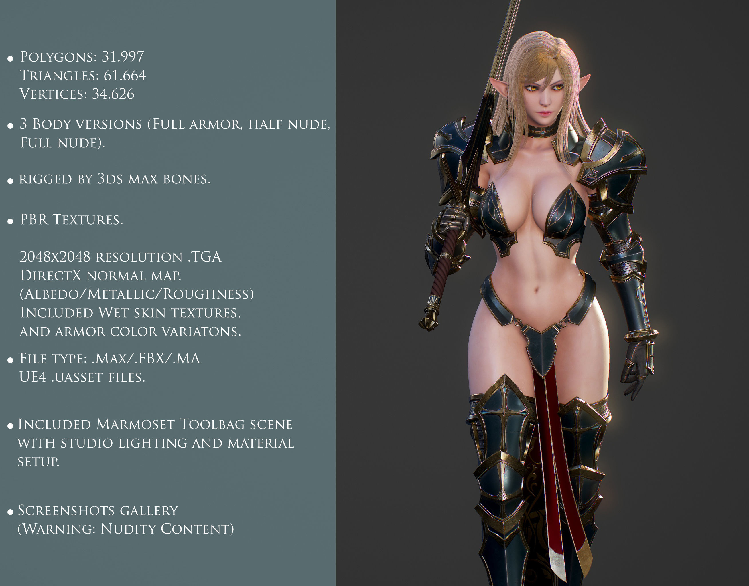 Elf Swordmaster - Game Ready Low-poly 3D model_3