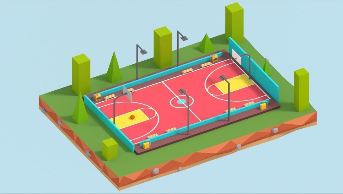 Cartoon Low Poly Basketball Court Low Low-poly 3D model_2