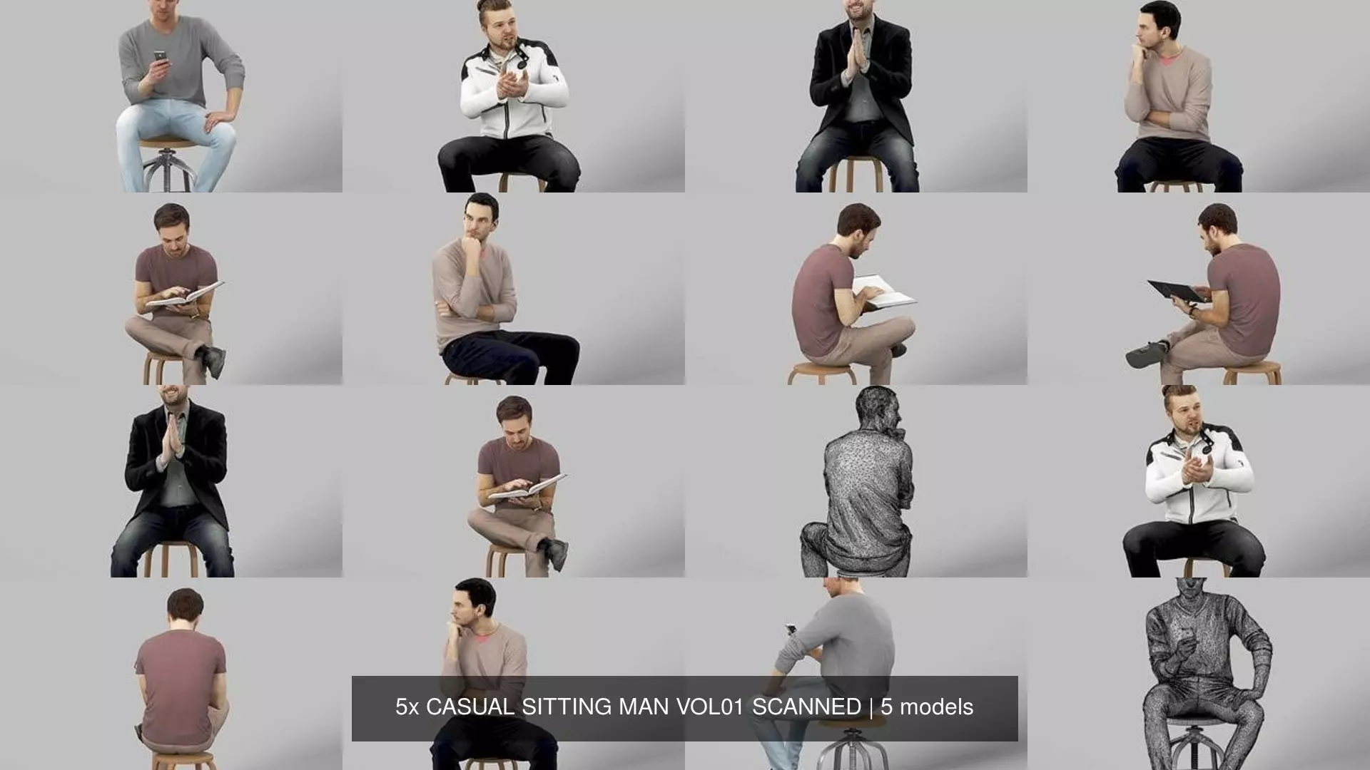 5x CASUAL SITTING MAN VOL01 SCANNED 3D Model Collection_0