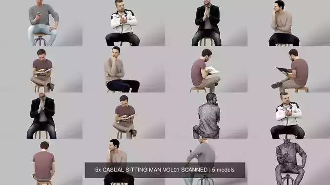 5x CASUAL SITTING MAN VOL01 SCANNED 3D Model Collection