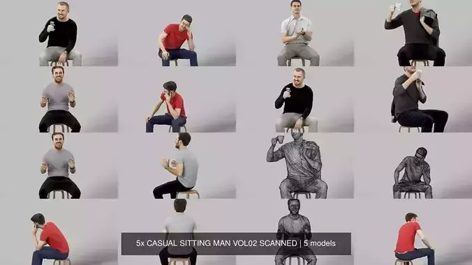 5x CASUAL SITTING MAN VOL02 SCANNED 3D Model Collection