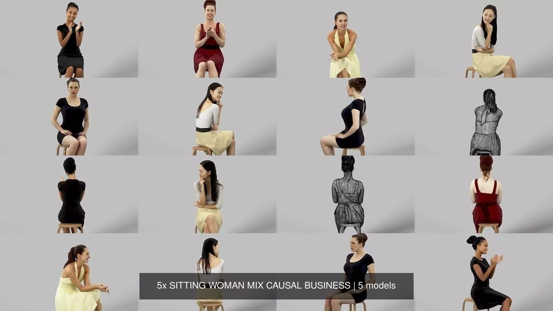 5x SITTING WOMAN MIX CAUSAL BUSINESS 3D Model Collection_0