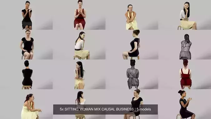 5x SITTING WOMAN MIX CAUSAL BUSINESS 3D Model Collection