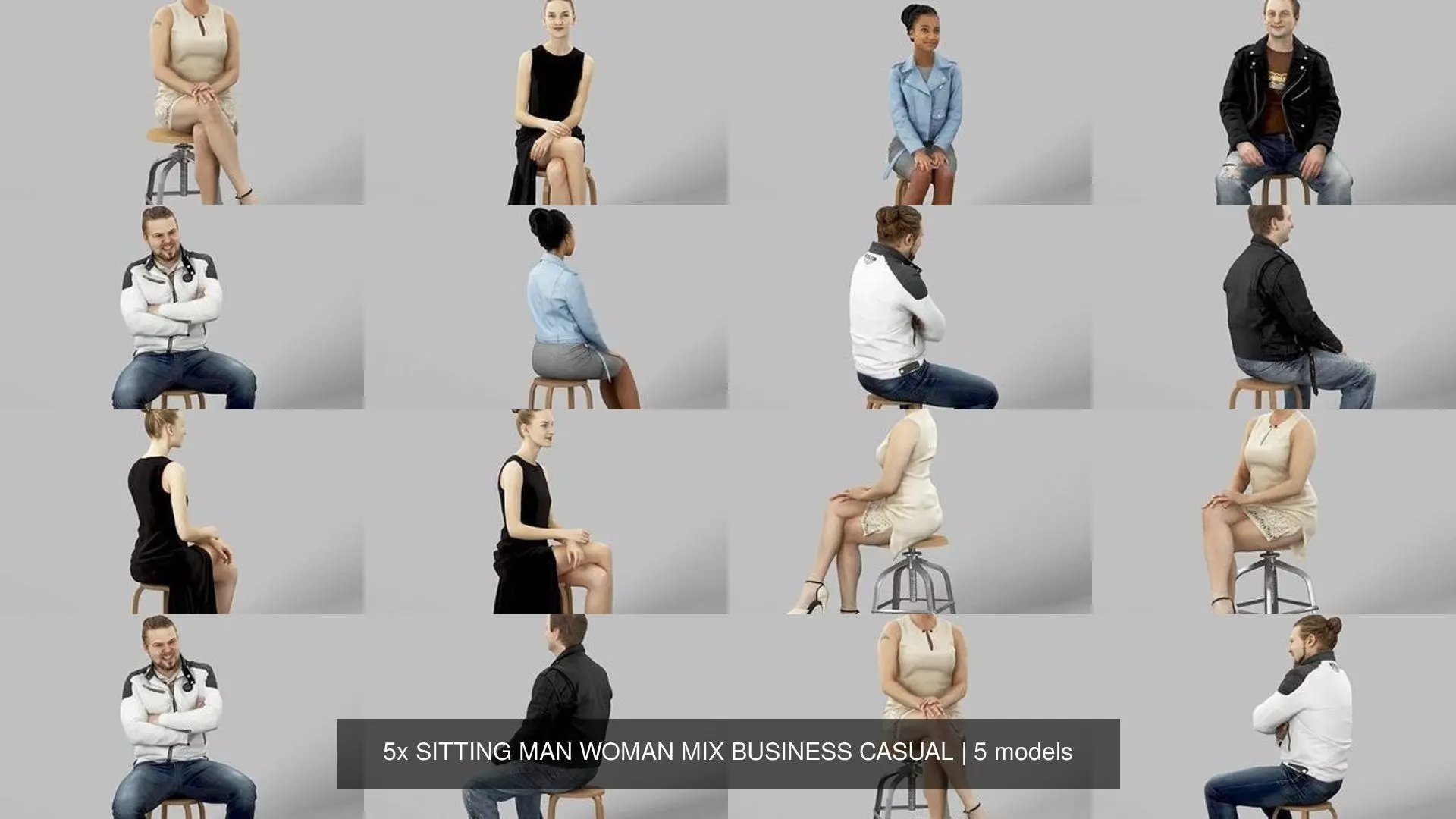 5x SITTING MAN WOMAN MIX BUSINESS CASUAL 3D Model Collection_0