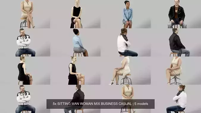 5x SITTING MAN WOMAN MIX BUSINESS CASUAL 3D Model Collection