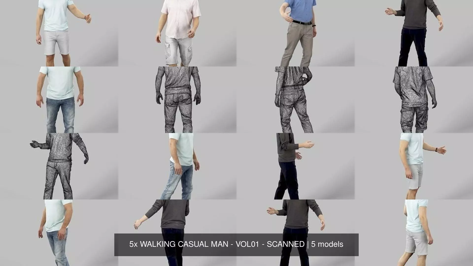 5x WALKING CASUAL MAN - VOL01 - SCANNED 3D Model Collection_0