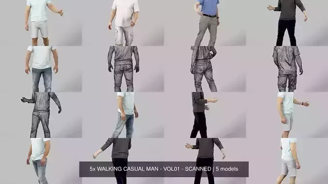 5x WALKING CASUAL MAN - VOL01 - SCANNED 3D Model Collection