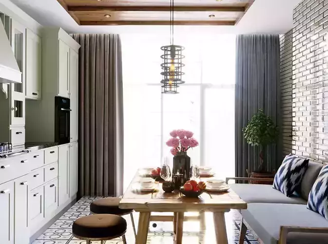 Kitchen with brick walls and wooden flooring