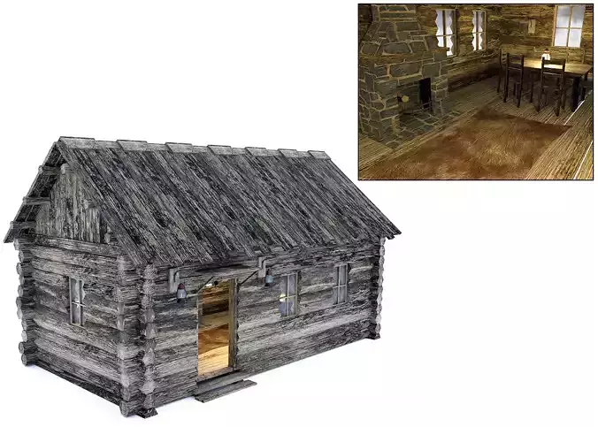 Wooden Hut With Interior Low-poly 3D model