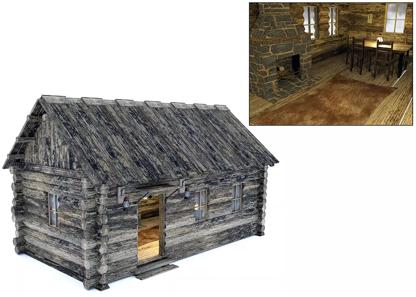 Wooden Hut With Interior Low-poly 3D model