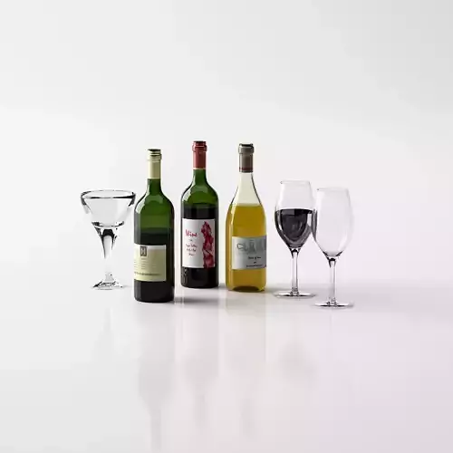 Realistic Wine Bottles and Glasses Free 3D model
