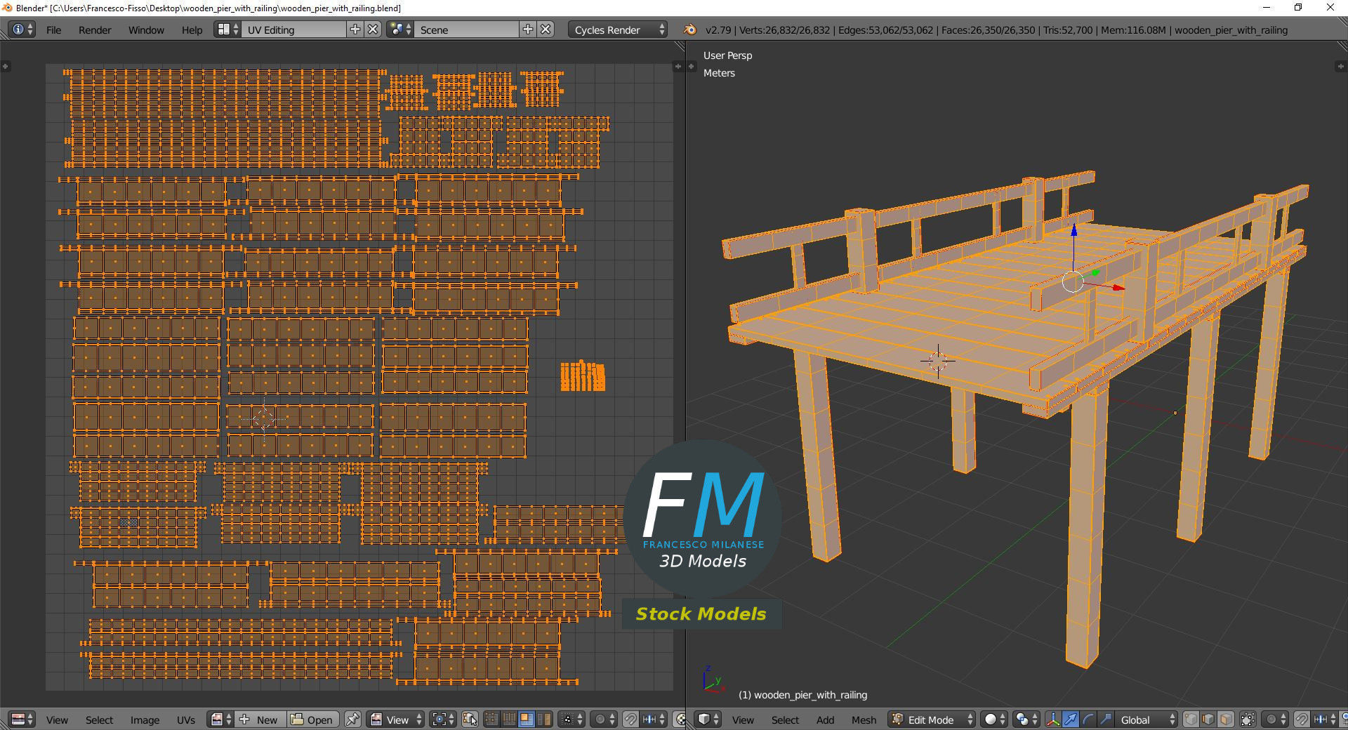 Wooden pier with railing 3D model_10