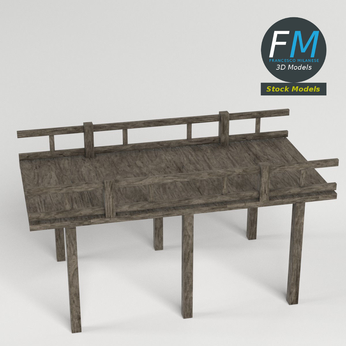 Wooden pier with railing 3D model_2
