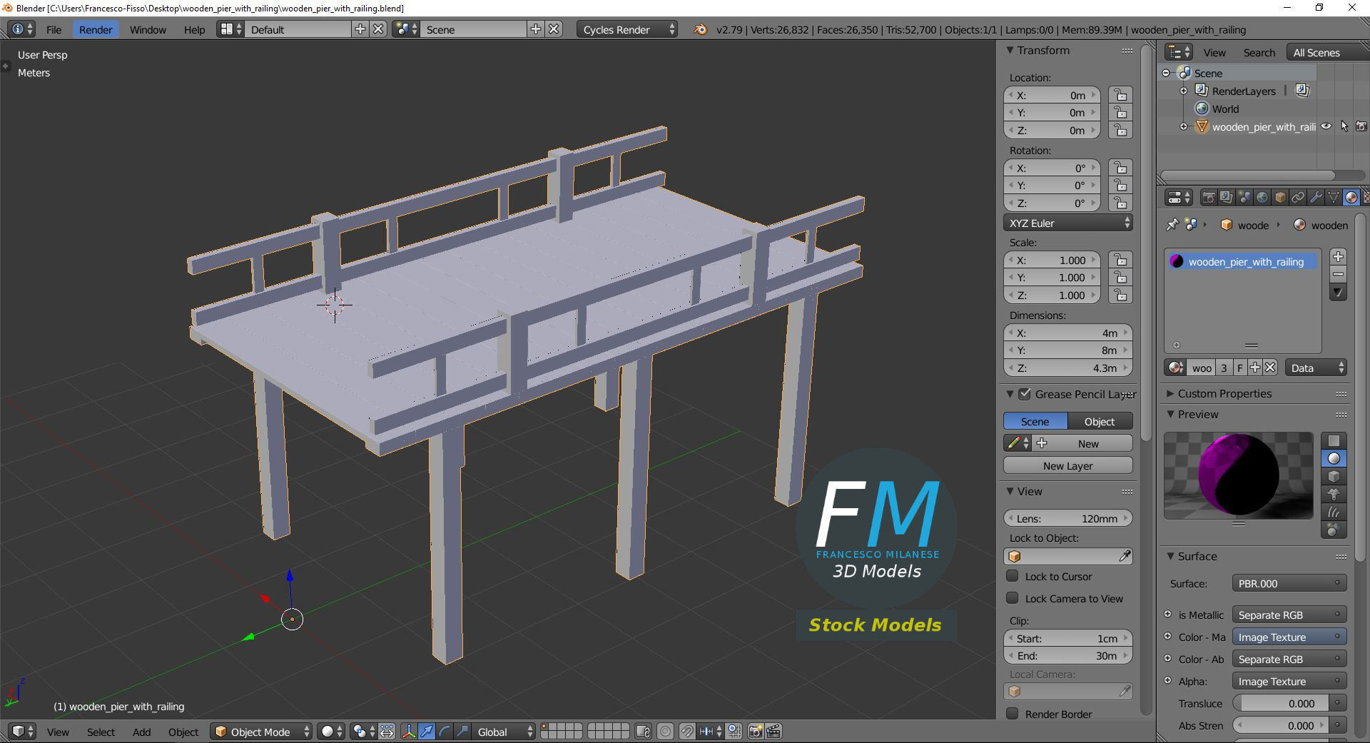 Wooden pier with railing 3D model_9
