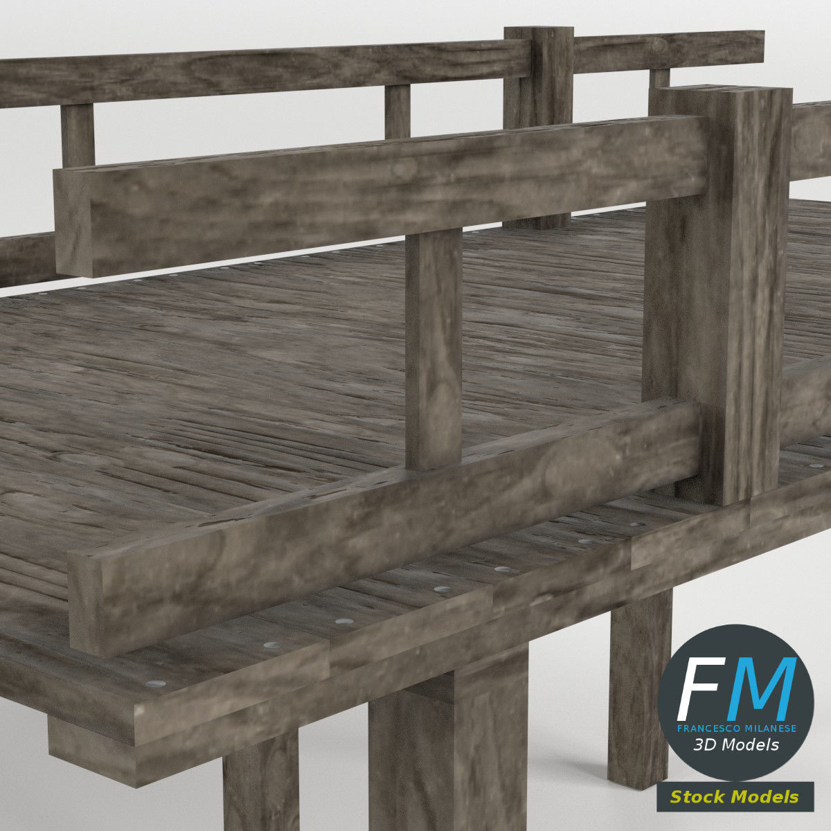 Wooden pier with railing 3D model_4