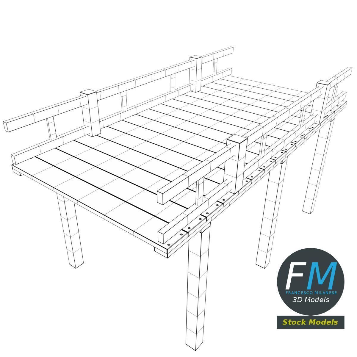 Wooden pier with railing 3D model_7