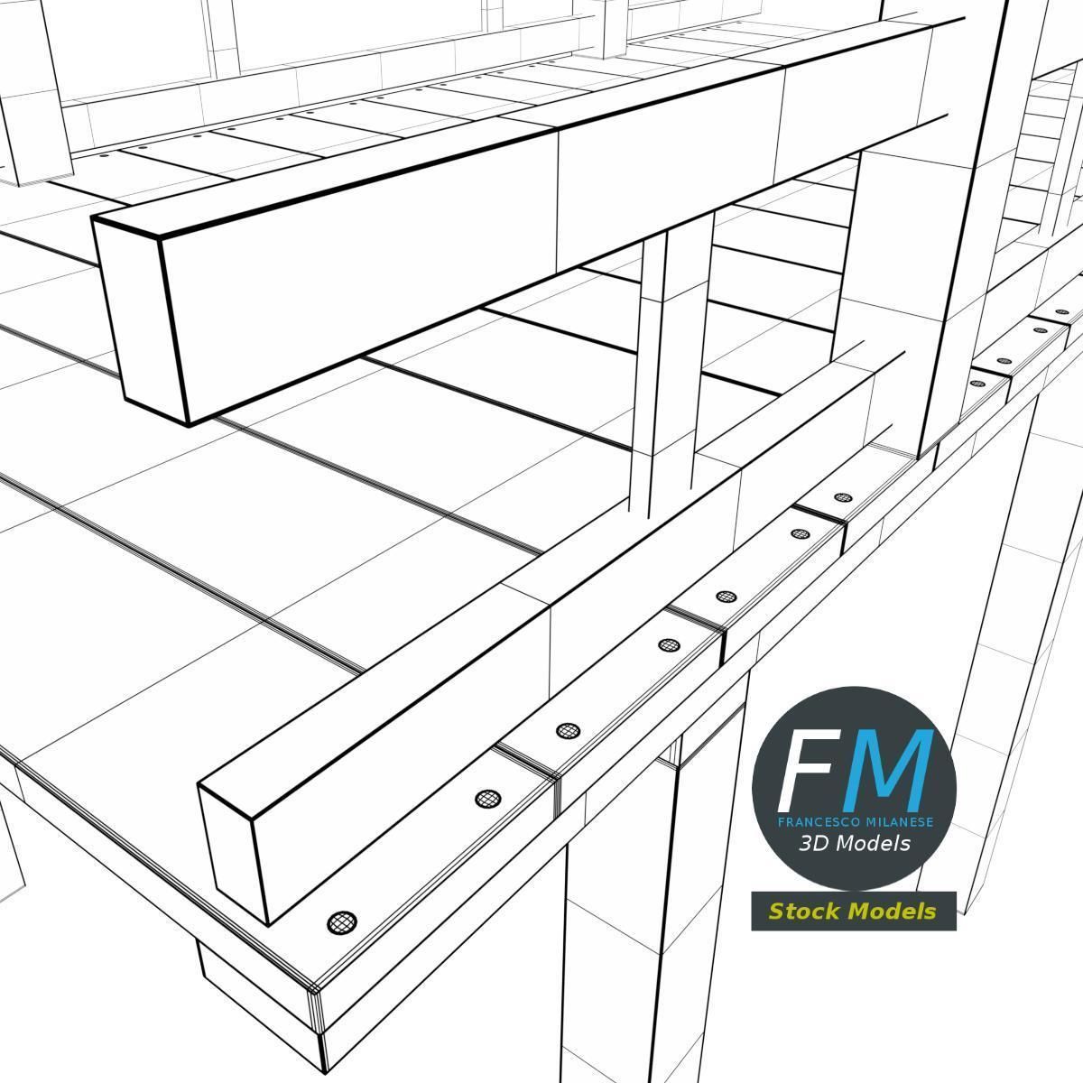 Wooden pier with railing 3D model_8