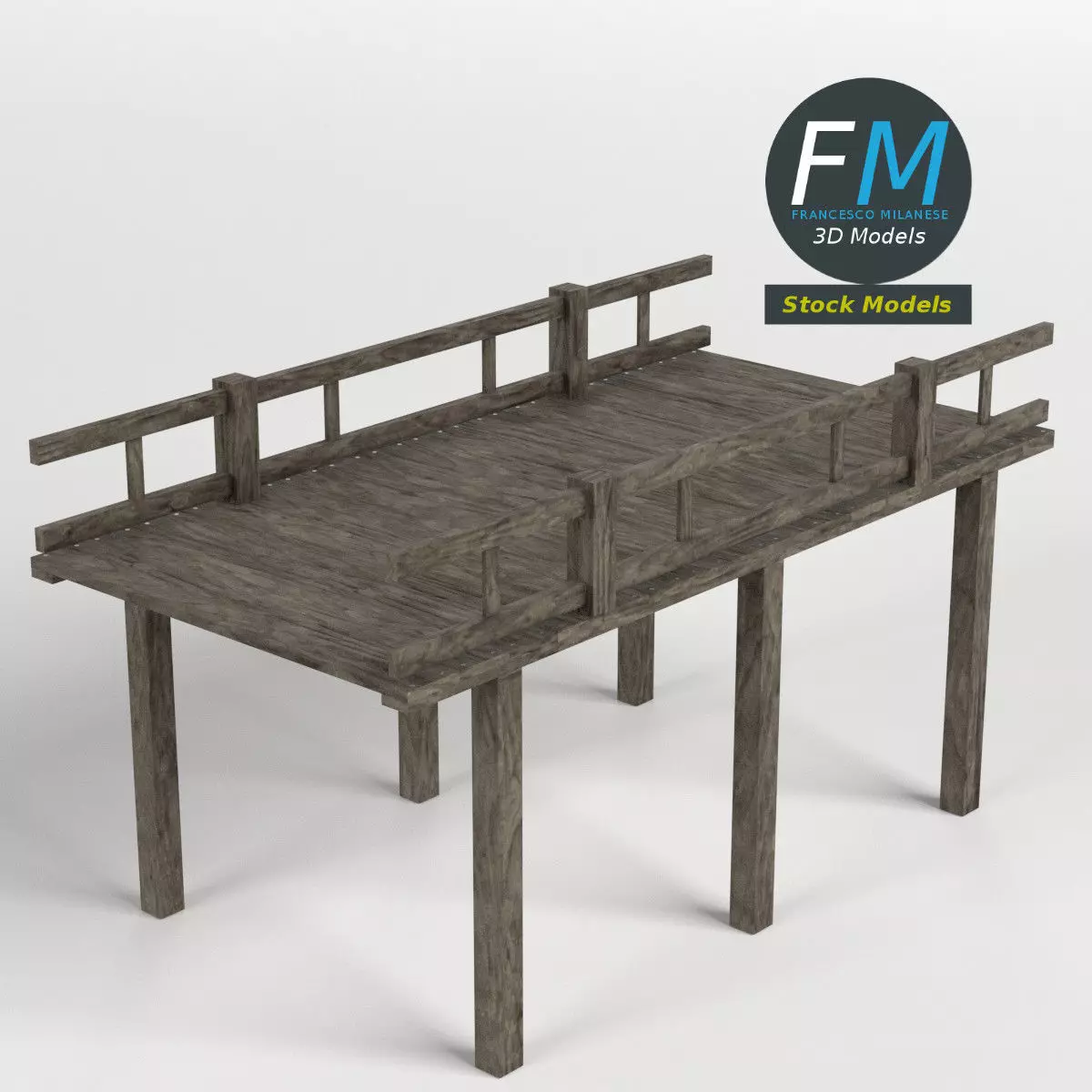 Wooden pier with railing 3D model_0