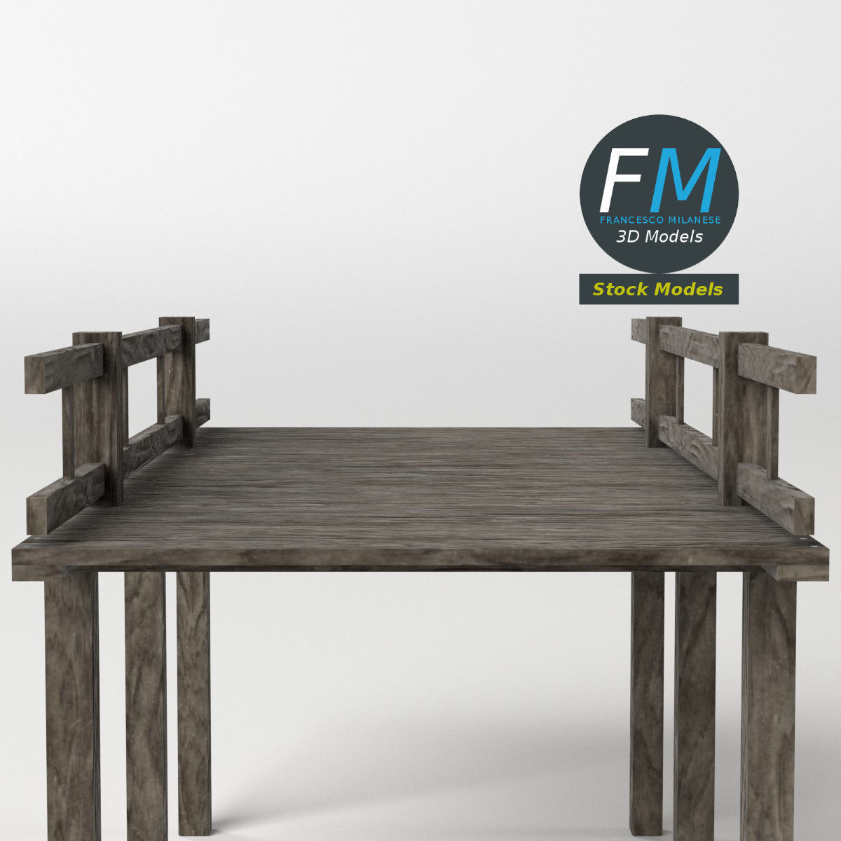 Wooden pier with railing 3D model_5