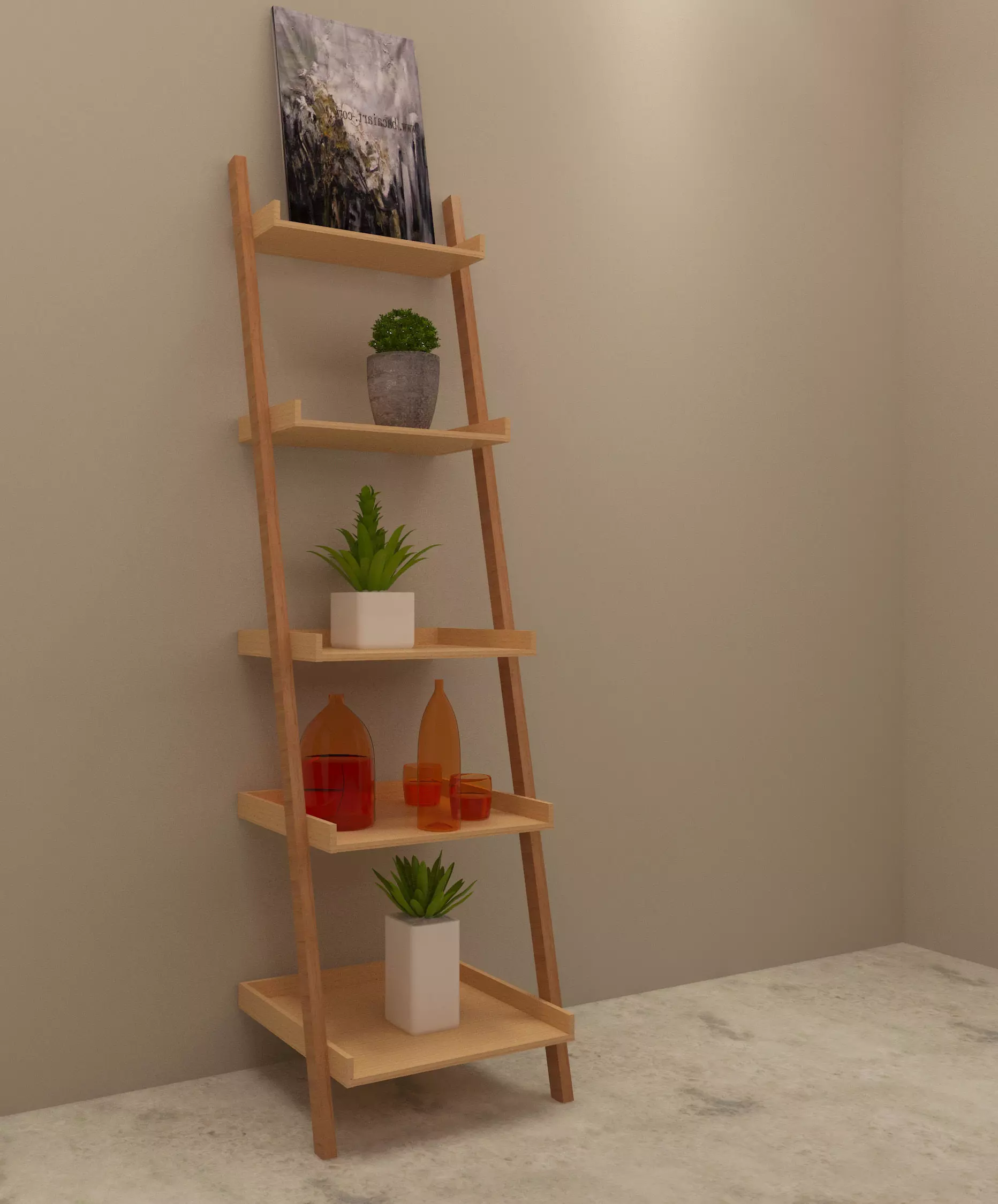 decor wooden ladder shelf with potted plants 3D model_0
