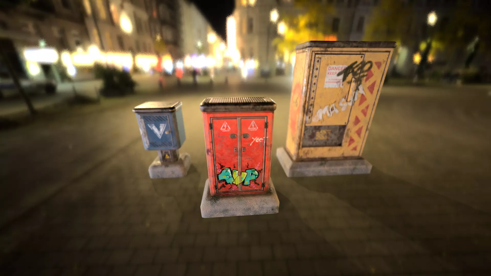 Sci-fi cyberpunk city street electrical boxes Low-poly 3D model_0
