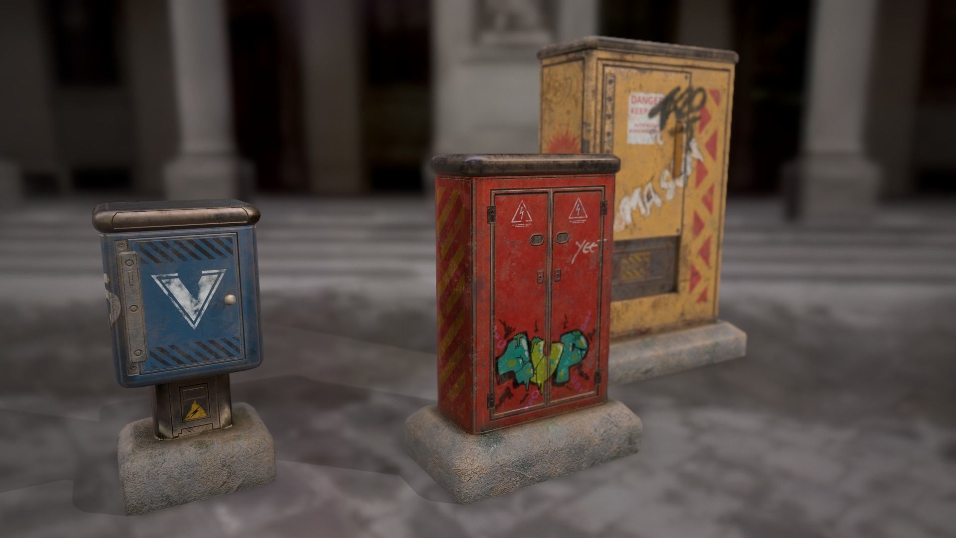 Sci-fi cyberpunk city street electrical boxes Low-poly 3D model_18