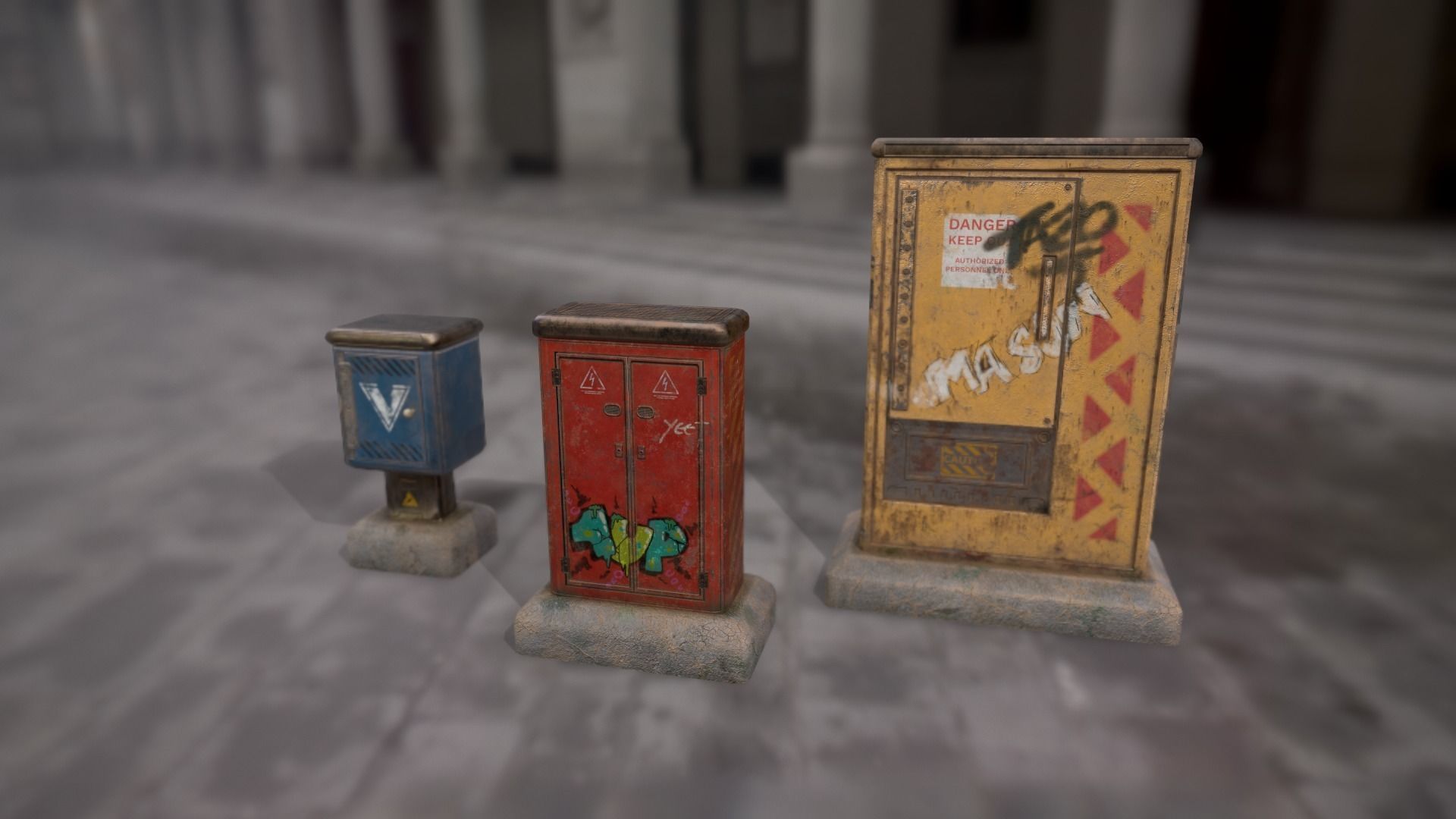 Sci-fi cyberpunk city street electrical boxes Low-poly 3D model_16