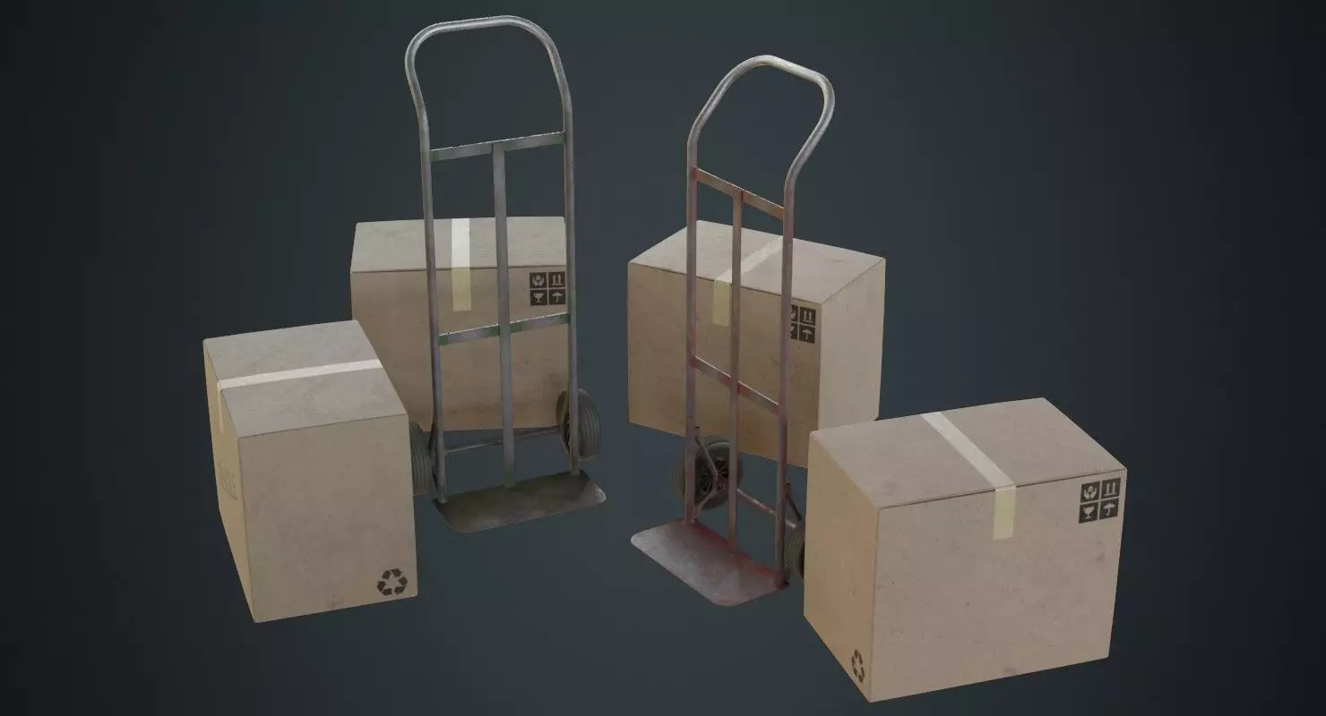 Hand Truck And Boxes 3B Low-poly 3D model_0