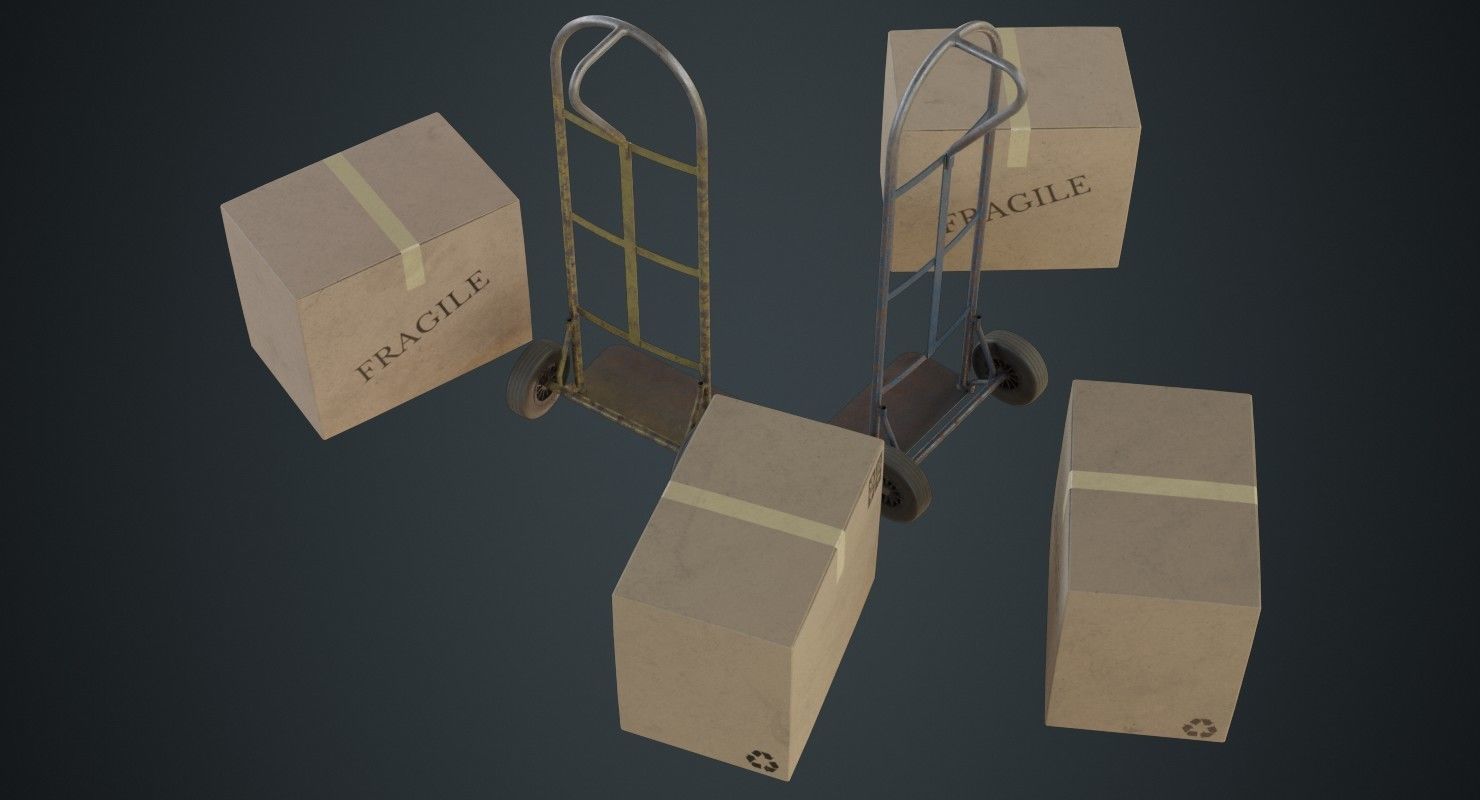 Hand Truck And Boxes 4B Low-poly 3D model_1